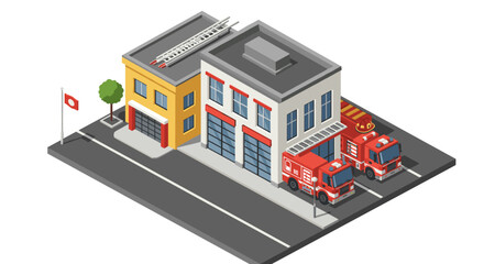 Fototapeta premium Isometric fire station with trucks and building in urban setting