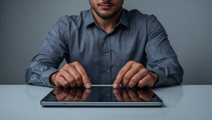 Middle Eastern man wearing button-up shirt hovering fingers over tablet on glossy table in office