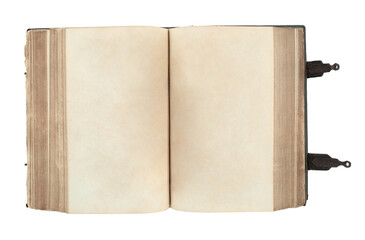 Open antique book showing blank aged pages, isolated on transparent background