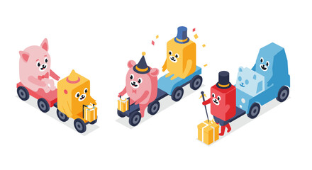 Obraz premium Adorable isometric animals driving colorful cars with gifts for a happy celebration