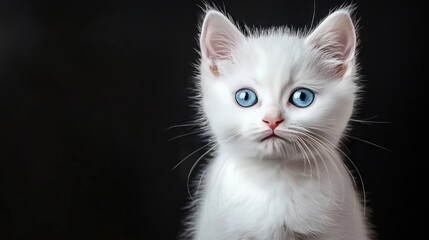 Adorable white kitten with striking blue eyes gazes curiously against a dark background, featuring fluffy fur and playful demeanor