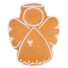 Gingerbread angel cookie decorated with white icing isolated