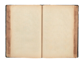 Open antique book showing blank aged pages, isolated on transparent background
