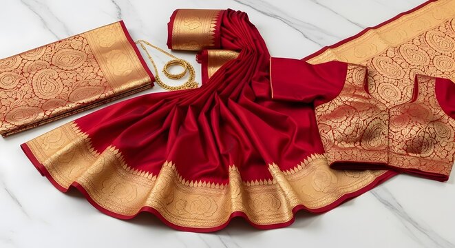 Exquisite red and gold silk saree with intricate zari work, showcasing traditional indian craftsmanship and elegance for festive occasions and cultural celebrations