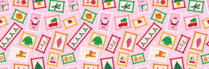 Christmas seamless pattern. Stamp post card, retro style winter holiday postage sticker collection, xmas celebration mail postmark, festive postal label, print for fabric, wrapping paper, textile