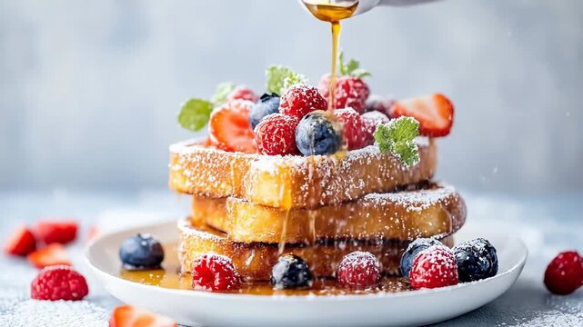 Delicious french toast with fresh berries and maple syrup drizzle