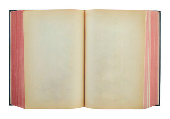 Open antique book showing blank aged pages, isolated on transparent background