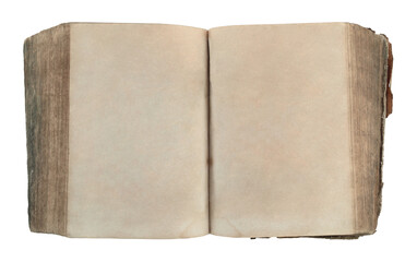 Open antique book showing blank aged pages, isolated on transparent background