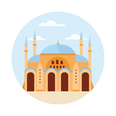 Icon of a famous Turkish mosque with blue domes and minarets, isolated vector illustration