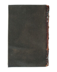 Back side of old antique closed book with textured leather cover, isolated on transparent background
