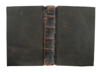 Fully unfolded antique book cover with aged leather texture and vintage look, isolated on transparent background