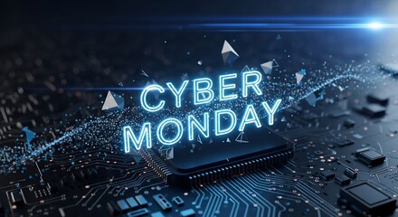 Cyber Monday technology sale promotion. Futuristic design with chip, digital circuit, data flow. Great for marketing campaigns, online shopping, and tech promotions.