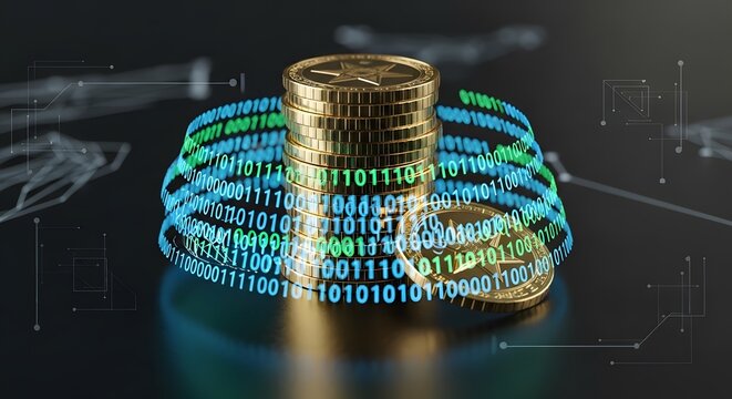 Digital currency concept with gold coins surrounded by binary code, representing cryptocurrency, blockchain technology, and modern finance
