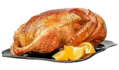 Whole roasted duck with crispy golden skin served on a platter with lemon slices isolated