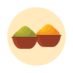 Two colorful Turkish spice powders in wooden bowls on an isolated white background vector illustration