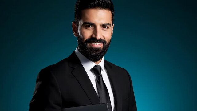 A smiling man with a beard and glasses, wearing a black suit and tie, holds a black folder against a dark blue gradient background