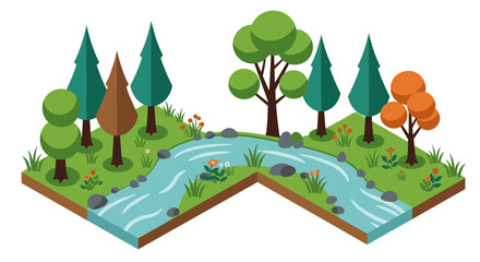 Isometric forest landscape with river scene and colorful trees
