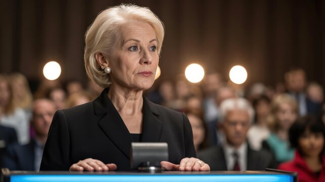 Senior Caucasian Businesswoman at Podium — Editorial Portrait for Congressional Hearing, Press Testimony, Leadership & Accountability