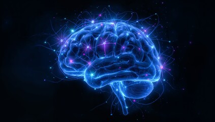 Obraz premium Floating neon-blue 3D brain model illuminating dark void, with neural nodes and filaments