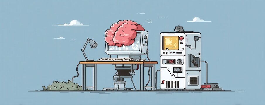 Creative illustration of a computer with brain symbolizing artificial intelligence