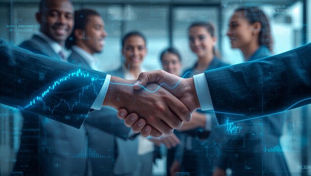 Shaking hands two executives in business suits at glass conference room, finance holograms floating - Powered by Adobe