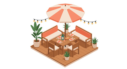 Cozy outdoor patio dining setup with umbrella and string lights