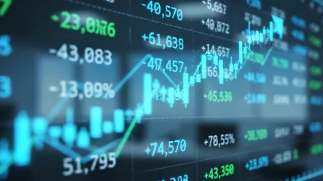 Comprehensive financial data visualization highlights stock market trends and fluctuations, featuring graphs that illustrate upward and downward movements in numerical values and percentages