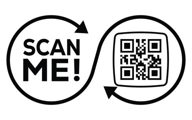 A black and white vector graphic featuring two interconnected circles: one with the call-to-action "SCAN ME!" and the other containing a QR code. The design forms an infinity loop.