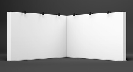 3D exhibition booth. White empty promotional stand with desk. Vector white empty geometric square. Presentation event room display. Blank box template. Isolated on black background