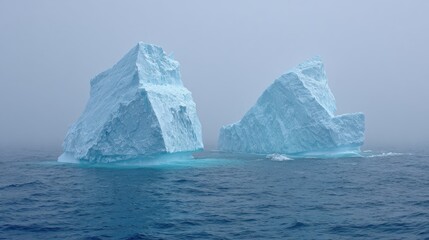 Two massive icebergs floating in the sea against a foggy sky