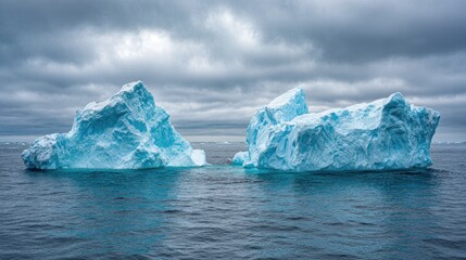 Two icebergs floating in calm ocean waters under overcast sky