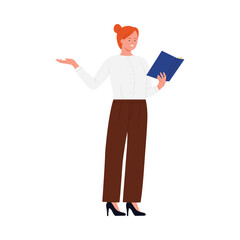 Confident woman holding open book isolated on white background for reading club concept vector illustration