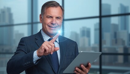 Tapping senior businessman wearing dark suit at high rise office, with tablet hologram display
