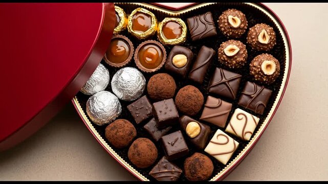 A heart-shaped box overflows with assorted chocolates, including caramel-filled, hazelnut, and truffles