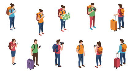 Isometric travelers with luggage and cameras
