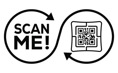 Square QR code with bold lines inside a circle, accompanied by "SCAN ME!" text with an arrow pointing toward the QR code. Simple, clear call-to-action for scanning and information retrieval.	