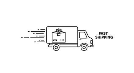 Fast shipping delivery truck icon with a gift box moving quickly.