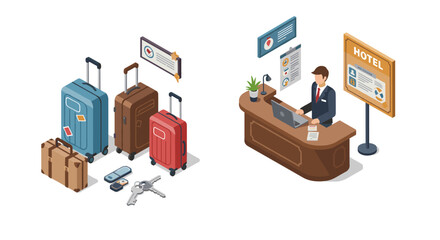 Isometric hotel reception with luggage and concierge service elements
