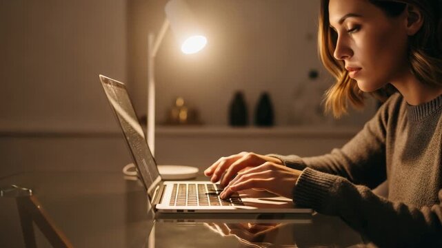 Young woman working on laptop computer at night in a dimly lit room