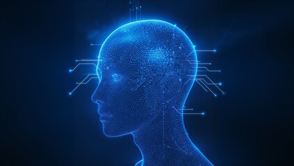 Displaying wireframe head with luminous circuit traces in virtual space, with glowing data nodes