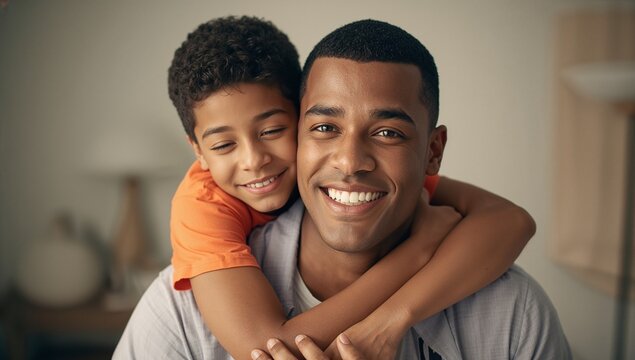 Smiling father wearing grey shirt and son hugging him from behind in living room, decorative vase