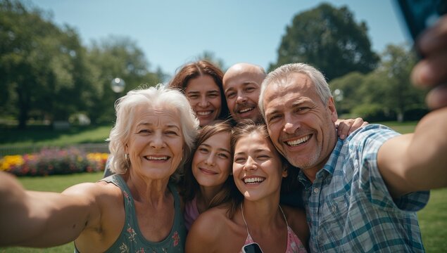 Smiling multi-generational family taking selfie in sunlit green park, with smartphone and blooms - Powered by Adobe