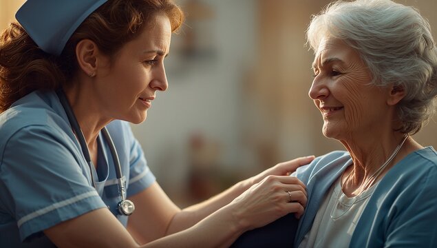 Placing caring hand nurse adjusting patient cardigan in care home, with cap and stethoscope