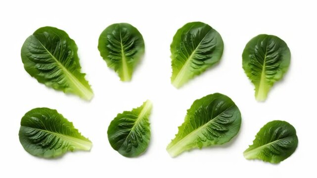 Fresh, vibrant green romaine lettuce leaves scattered on a clean white background
