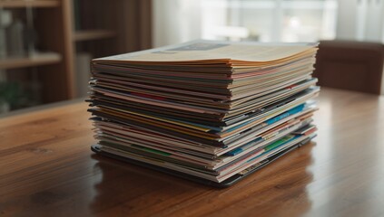 Showing magazine stack sitting on wooden table in living room, shelf, light curtains and sofa