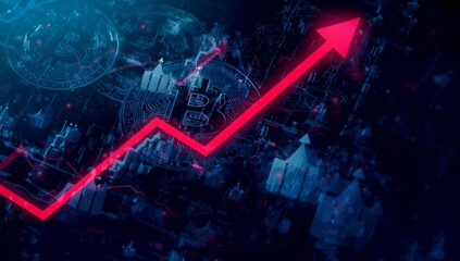 Red arrow chart surging in virtual trading interface, with circuitry patterns, bar graphs, bitcoins