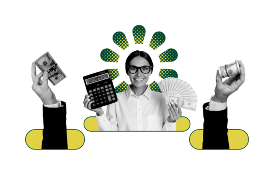 Composite photo collage of excited happy businesswoman accountant hold money dollar calculator profit isolated on painted background