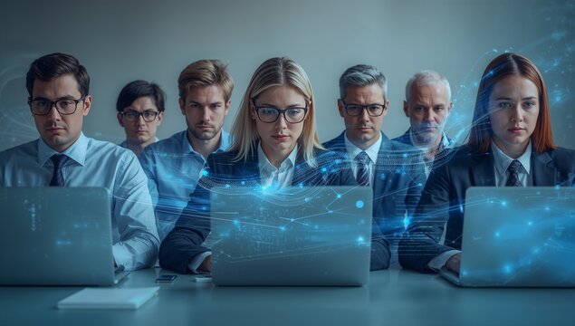 Typing executives wearing suits using laptops at conference table, with superimposed data streams
