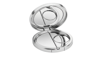 Round silver makeup compact mirror opened isolated PNG with Transparent Background