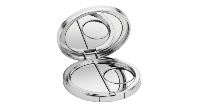 Round silver makeup compact mirror opened isolated PNG with Transparent Background